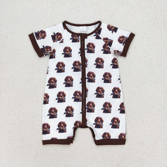 SR1687 Duck Puppy brown and white zipper short sleeve romper high quality wholesale cotton baby romper
