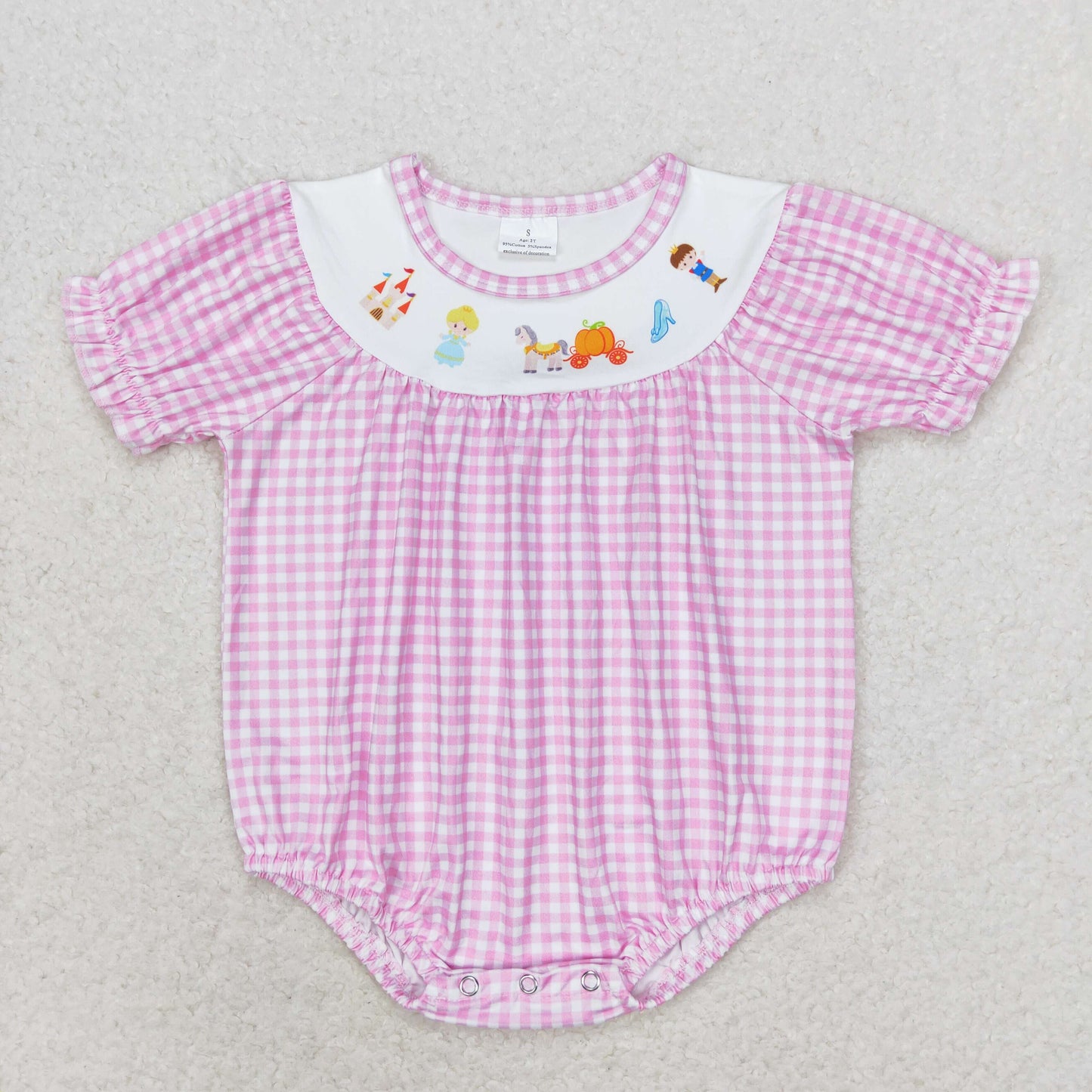 SR1692 Castle Prince Princess Pumpkin Car pink white checkered short sleeve romper High quality ribbed baby romper
