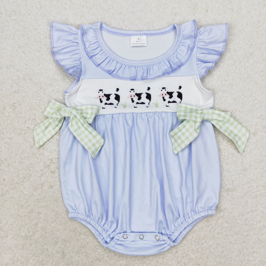 SR1696 Cow green plaid bow Blue vest romper high quality rompers baby