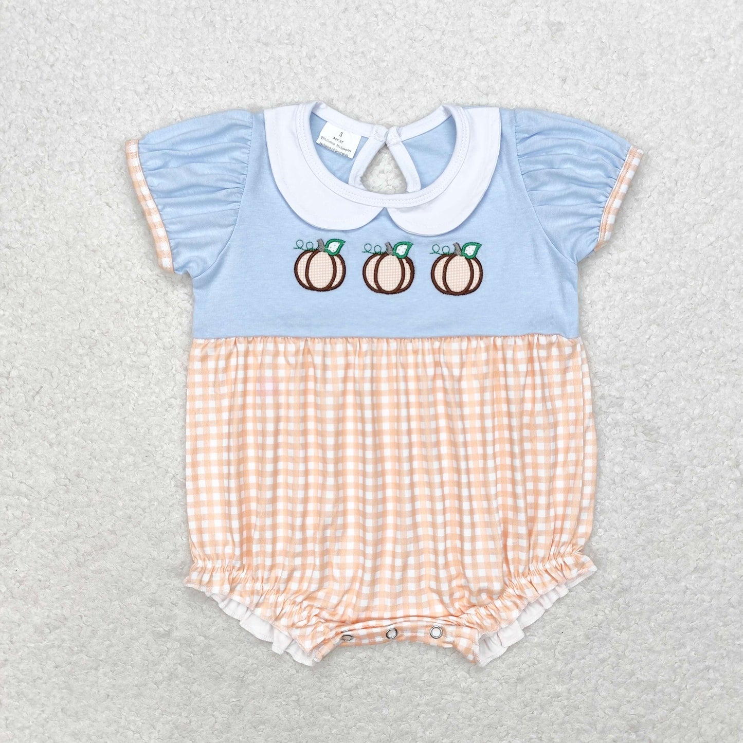 SR1710 Embroidered pumpkin doll collar orange plaid blue short sleeve romper high quality baby zipper romper