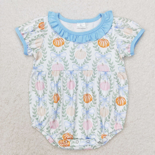 SR1730 Pumpkin leaf Blue lace short sleeve romper high quality baby romper white cotton Free Shipping Over $100