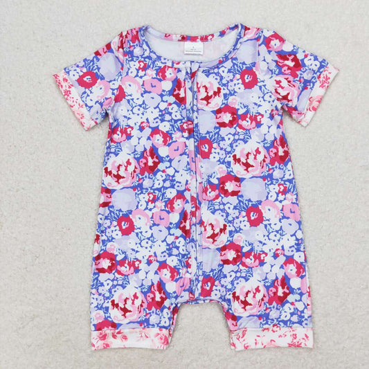 SR1767 Blue purple flowers zipper short sleeve romper High quality romper baby