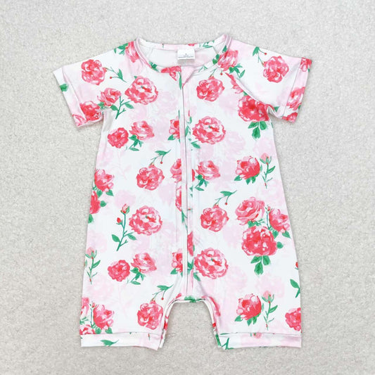 SR1768 Pink flower zipper short sleeve romper High quality romper dress baby