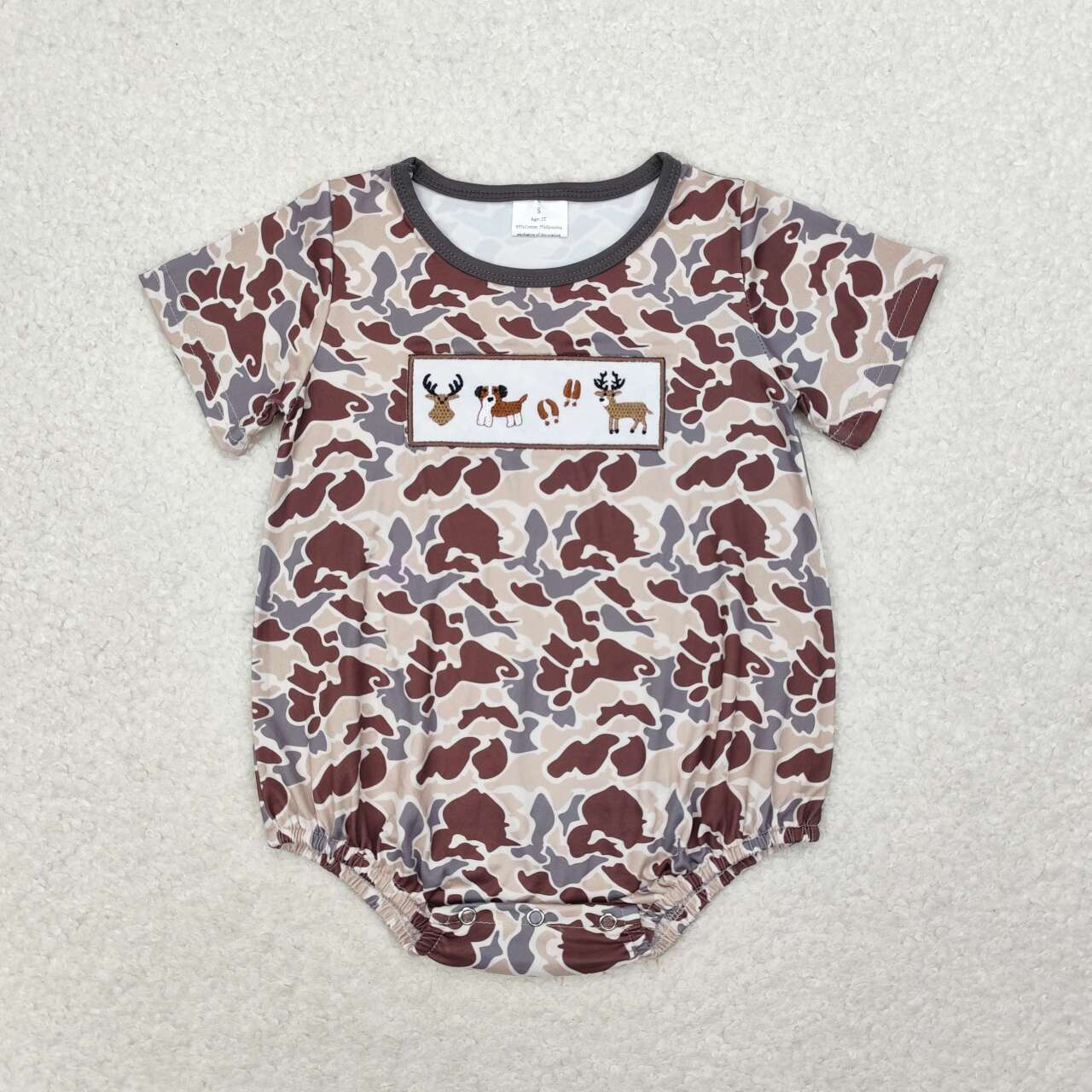 SR1785 Boys Embroidered Elk puppy camo short sleeve romper high quality baby rompers