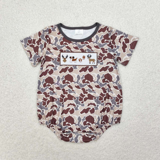SR1785 Boys Embroidered Elk puppy camo short sleeve romper high quality baby rompers