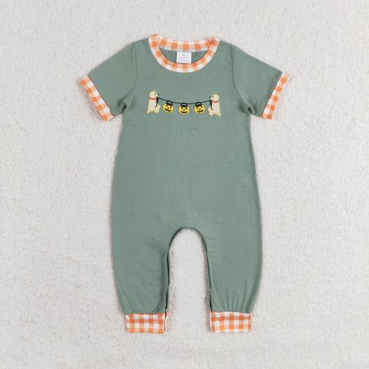 SR1793 NO MOQ Halloween Pumpkin Embroidery Short-Sleeved Orange Plaid Romper with Teal Cartoon Pattern Western Clothes Puppies