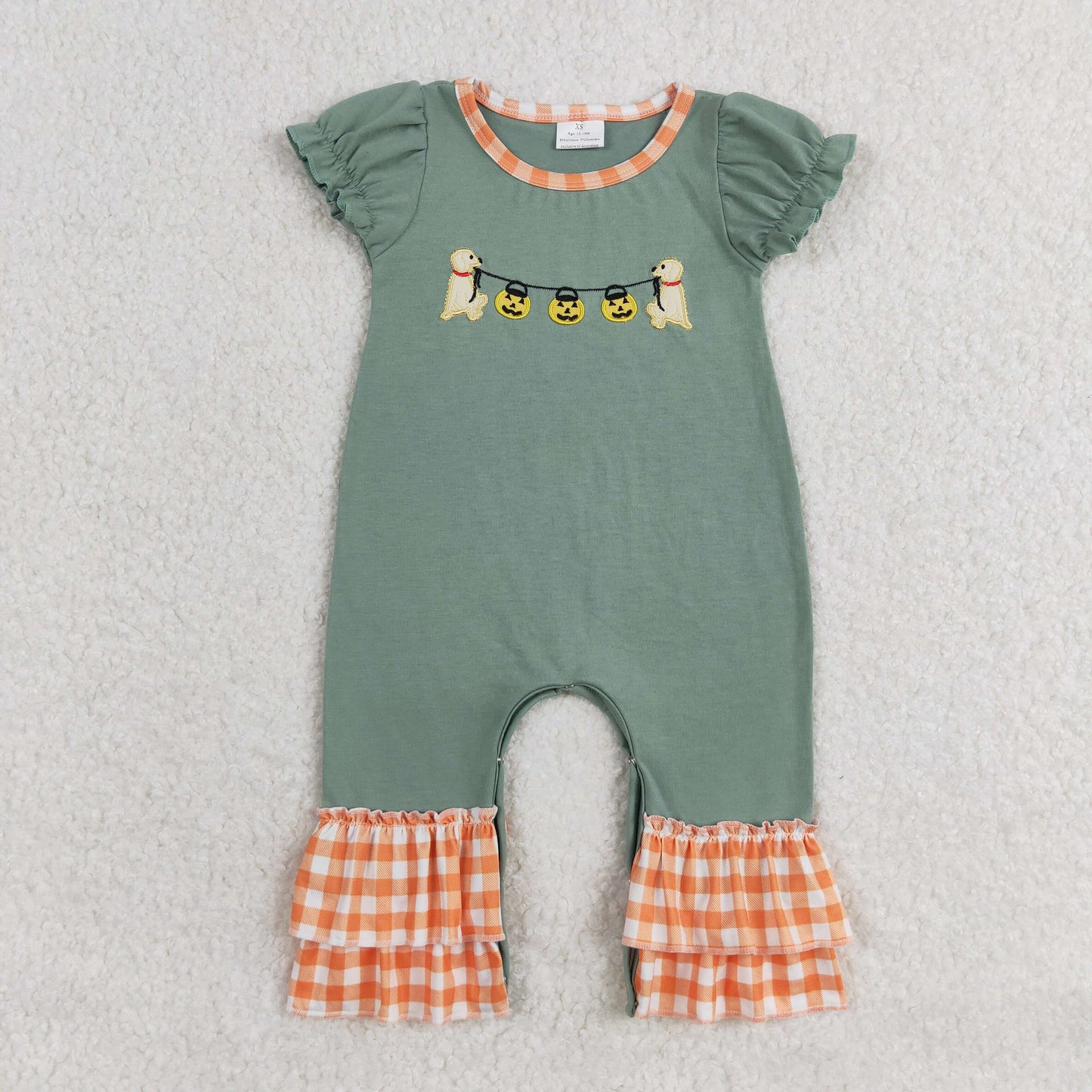 SR1794 western clothes Halloween Jack-o'-Lantern Embroidery Puppy Romper Orange Plaid Lace Teal Short Sleeve Vintage No MOQ