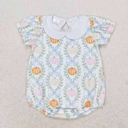 SR1827 Pumpkin Leaf Bows Light Blue Short Sleeve Girls Bubble Romper RTS US Free Shipping Over $100