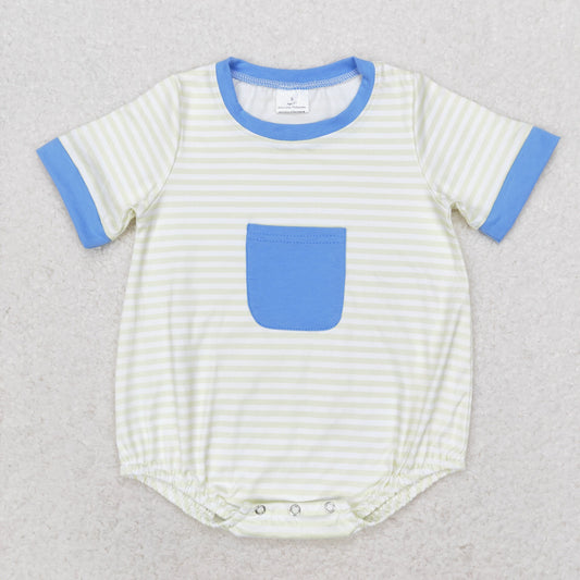 SR1840 Striped Haze Blue pocket Short sleeve romper High quality boy baby romper