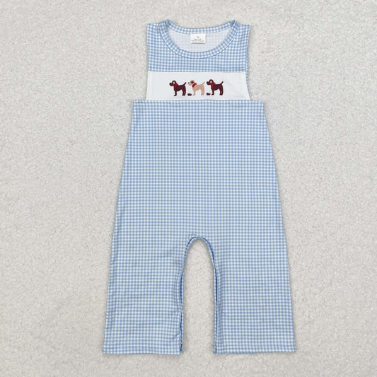 SR1868 Red Scarf Puppy Blue Plaid Sleeveless Boys Romper RTS 202509