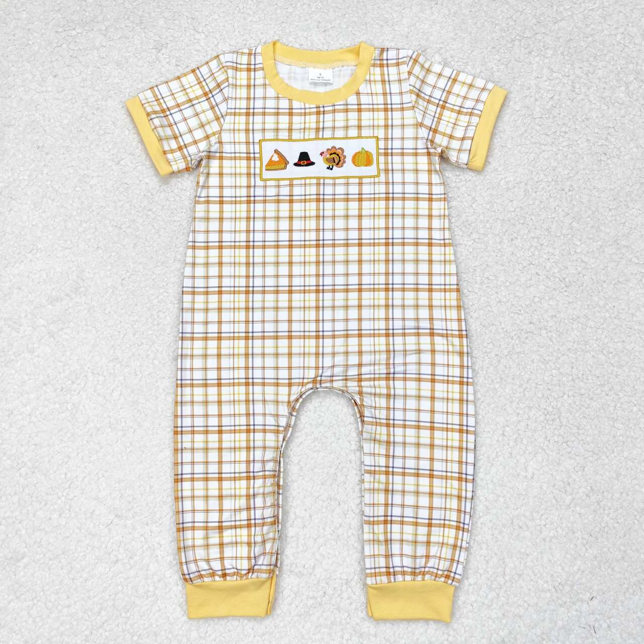 SR1869 NO MOQ Embroidered boy's hat Turkey pumpkin Orange yellow plaid short sleeve romper High quality baby rompers