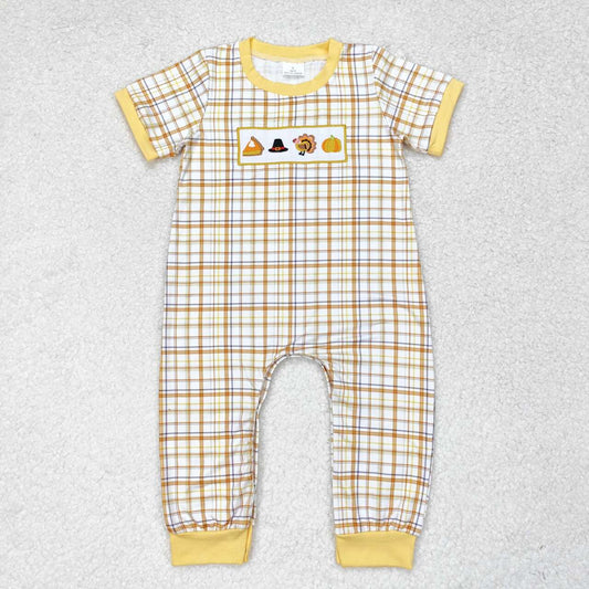SR1869 NO MOQ Embroidered boy's hat Turkey pumpkin Orange yellow plaid short sleeve romper High quality baby rompers