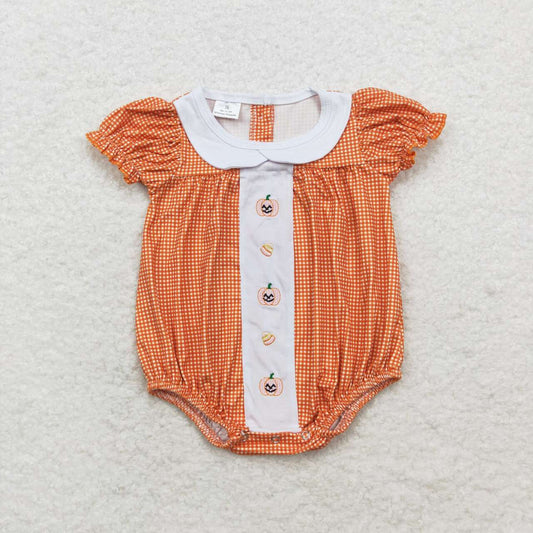 SR1879 Embroidered smiley face jack-o '-lantern candy doll collar orange plaid short-sleeved onesie