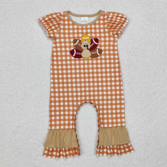 SR1886 Embroidered Thanksgiving Turkey Plaid Short-Sleeved Girls Romper RTS 202509