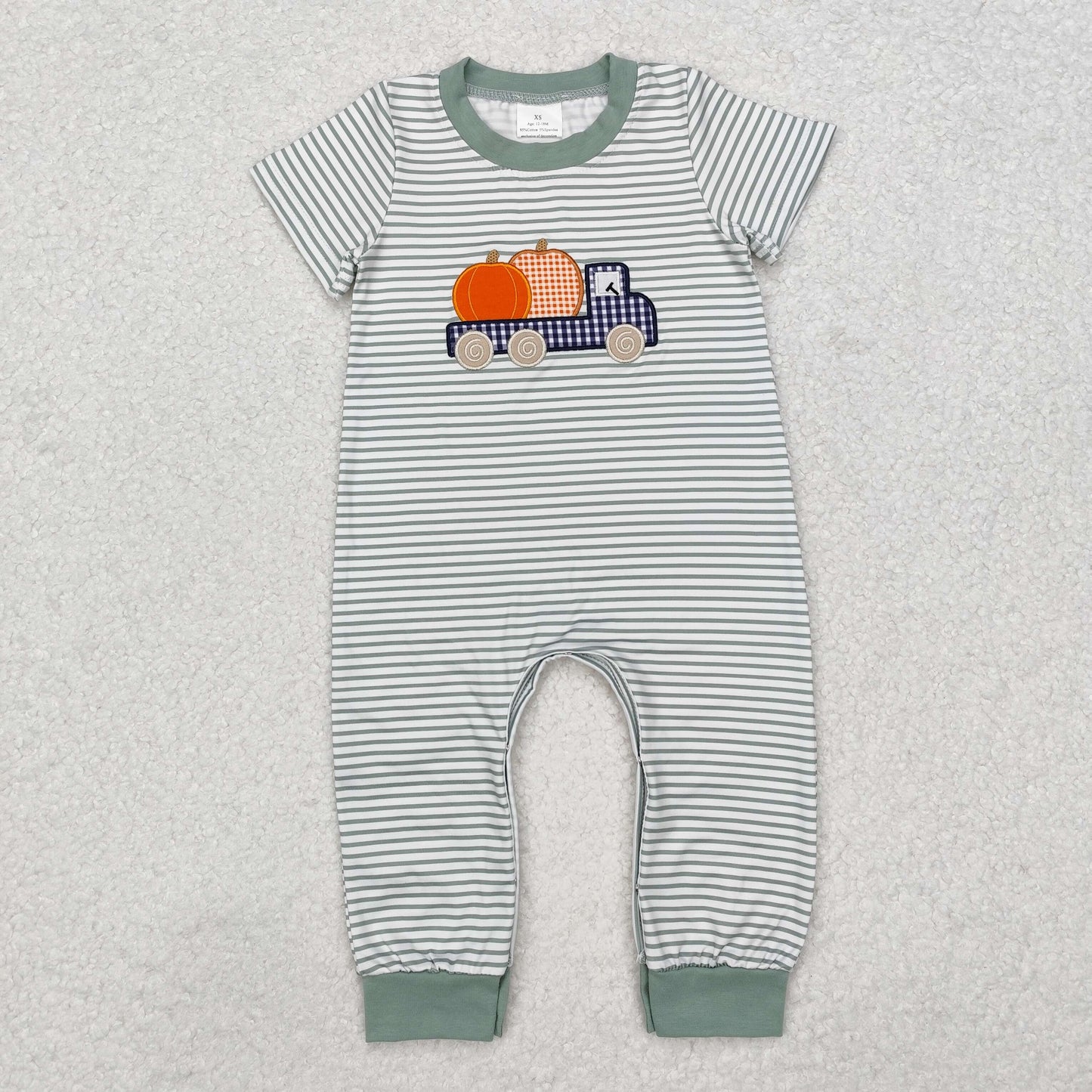 SR1958 Embroidered Thanksgiving Pumpkin Tractor Striped Short-Sleeved Boys Romper RTS 202509