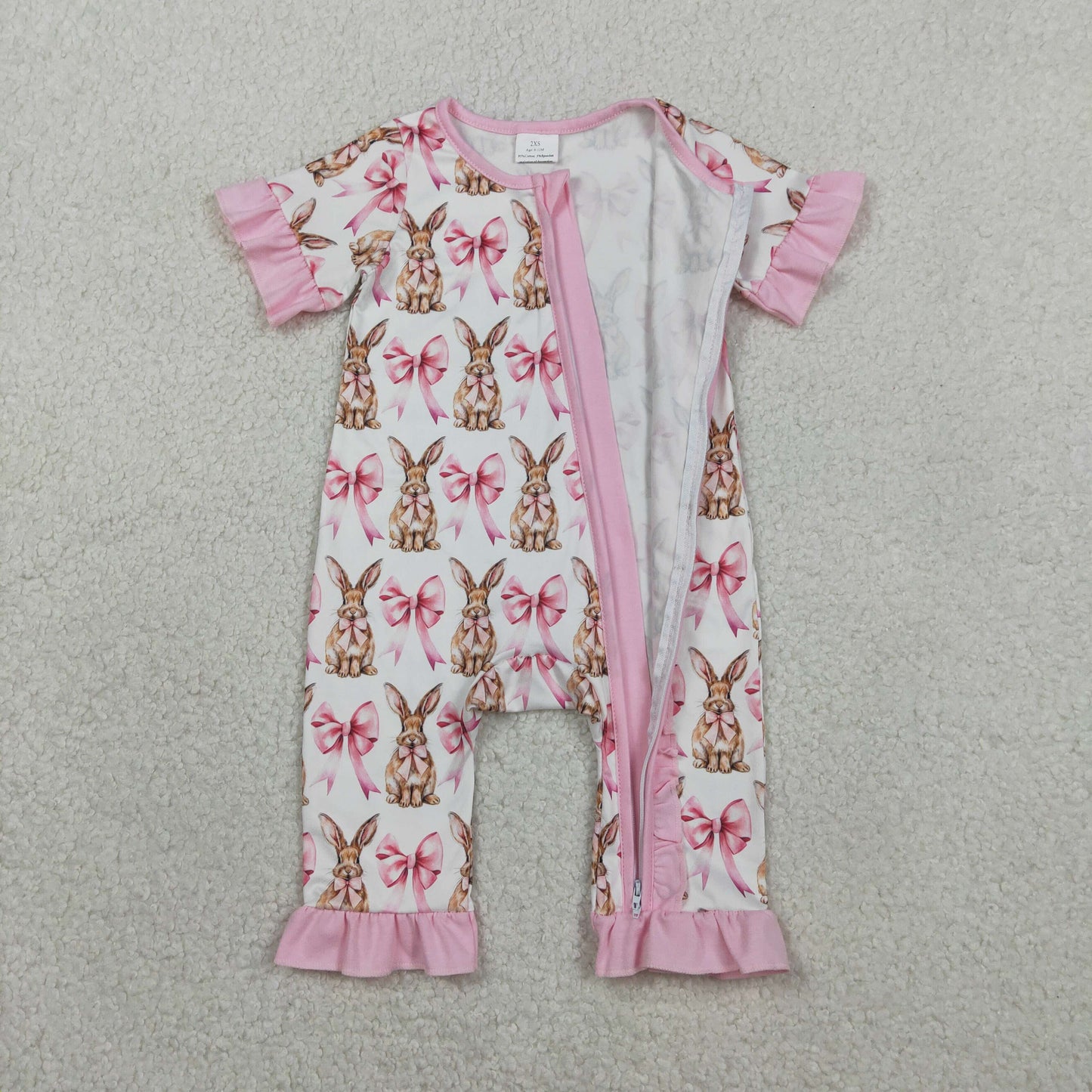 SR2020 Easter Bunny Bow Pattern Pink Ruffle White Zipper Short-Sleeved Girls Romper 202601 RTS
