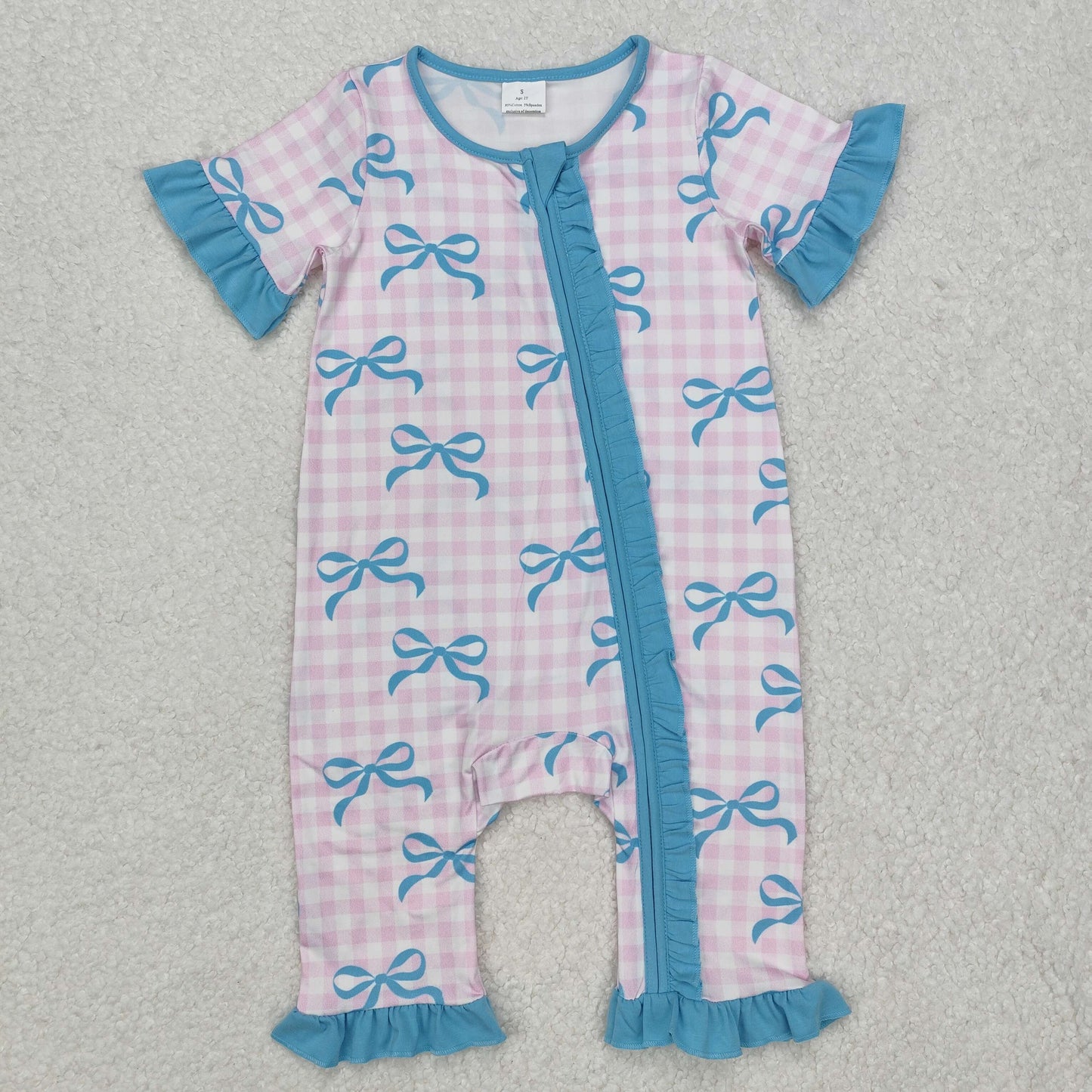 SR2026 Baby Romper blue ruffle bow pink check Romper short sleeve valentines baby girl Romper Outfits RTS 202412