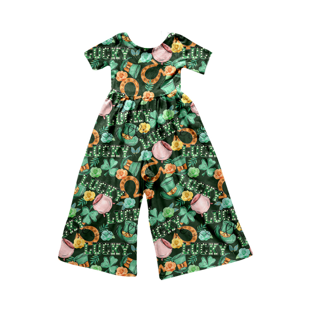 Preorder SR2033 St. Patrick's Day Four-leaf clover hat flowers green short-sleeved onesie High quality