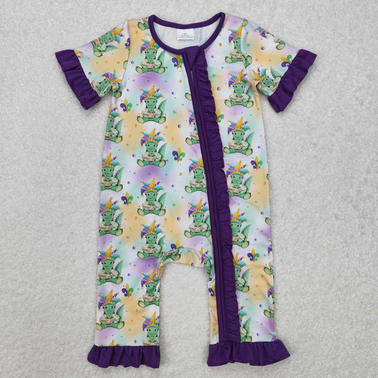 SR2068 Mardi Gras Kids Clothing Cartoon Purple Zippy Ruffled Short Sleeve girls boutique romper RTS 202501