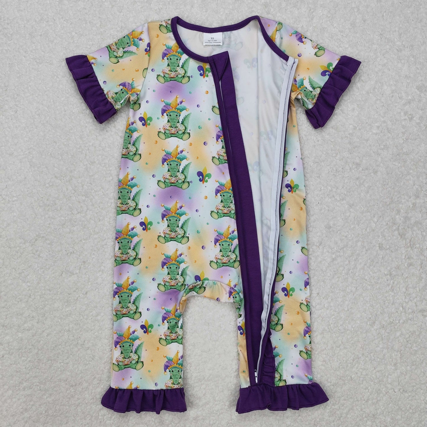 SR2068 Mardi Gras Kids Clothing Cartoon Purple Zippy Ruffled Short Sleeve girls boutique romper RTS 202501