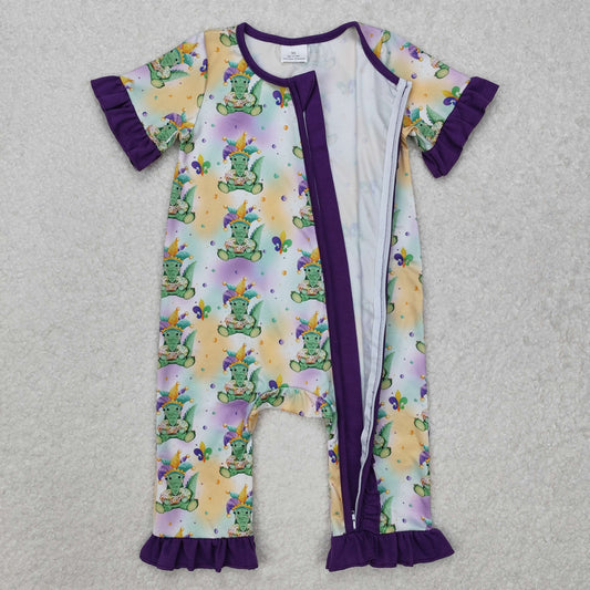 SR2068 Mardi Gras Kids Clothing Cartoon Purple Zippy Ruffled Short Sleeve girls boutique romper RTS 202501