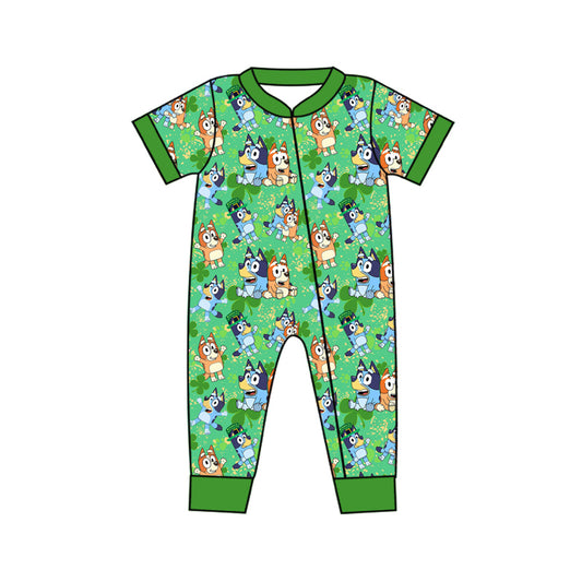 Preorder SR2069 St. Patrick's Day bluey four-leaf clover green zip-up short-sleeved onesie