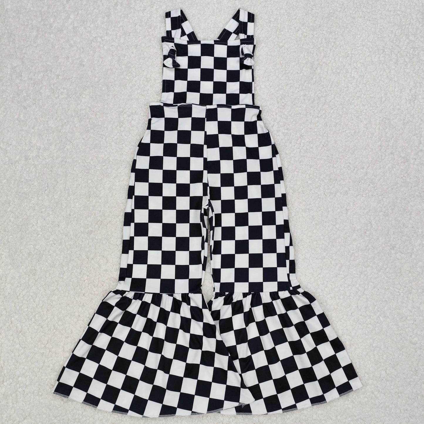 SR2111 Black White Plaid Sleeveless Romper Bell Bottom Overall Jumpsuit Girls Boutique Clothes 202503 RTS