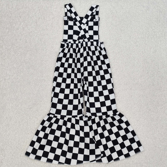 SR2111 Black White Plaid Sleeveless Romper Bell Bottom Overall Jumpsuit Girls Boutique Clothes  202503 RTS