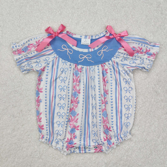 SR2131 Embroidered Bow Blue Pink Flower Short Sleeve Romper baby girls boutique nightwear outfit baby summer 2025 RTS 202501