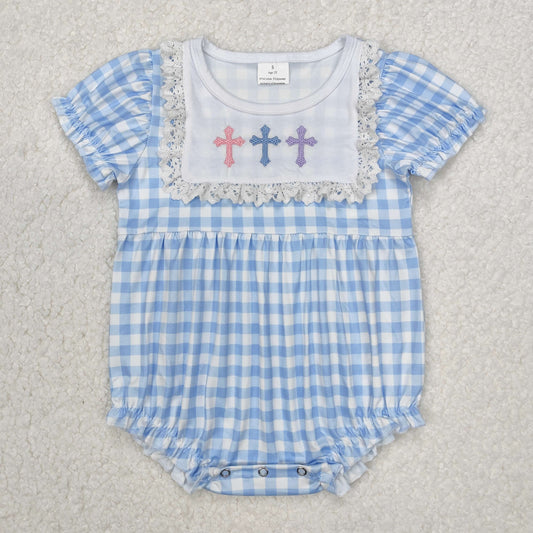 SR2133 Easter embroidered cross blue plaid ruffle Short Sleeve Romper girls Boutique outfit 202503 RTS