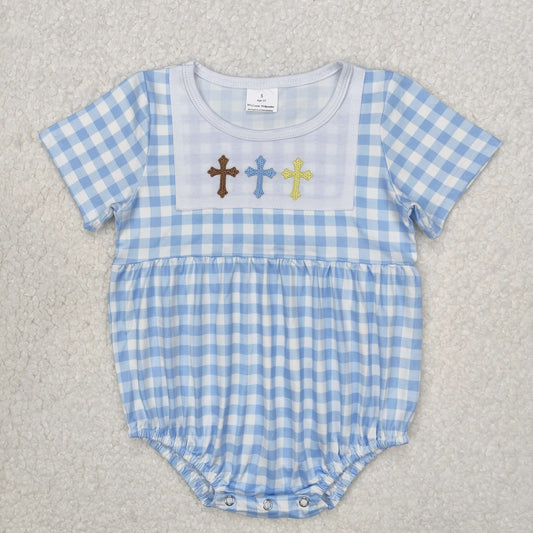 SR2134 Easter embroidered cross blue plaid Short Sleeve Romper Boys Boutique outfit 202503 RTS