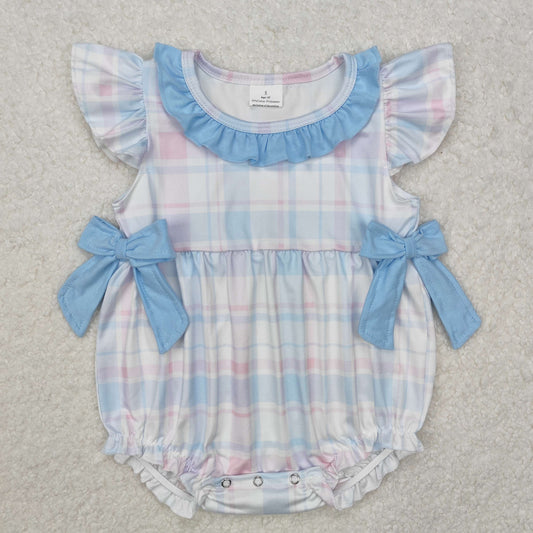 SR2139 Blue Plaid Bow Short Sleeve Romper baby girls boutique nightwear outfit baby summer 2025 RTS 202501