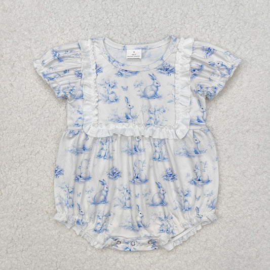 SR2143 Easter outfit sets baby girl boutique Romper Blue White ruffle clothing with Rabbits 202412RTS