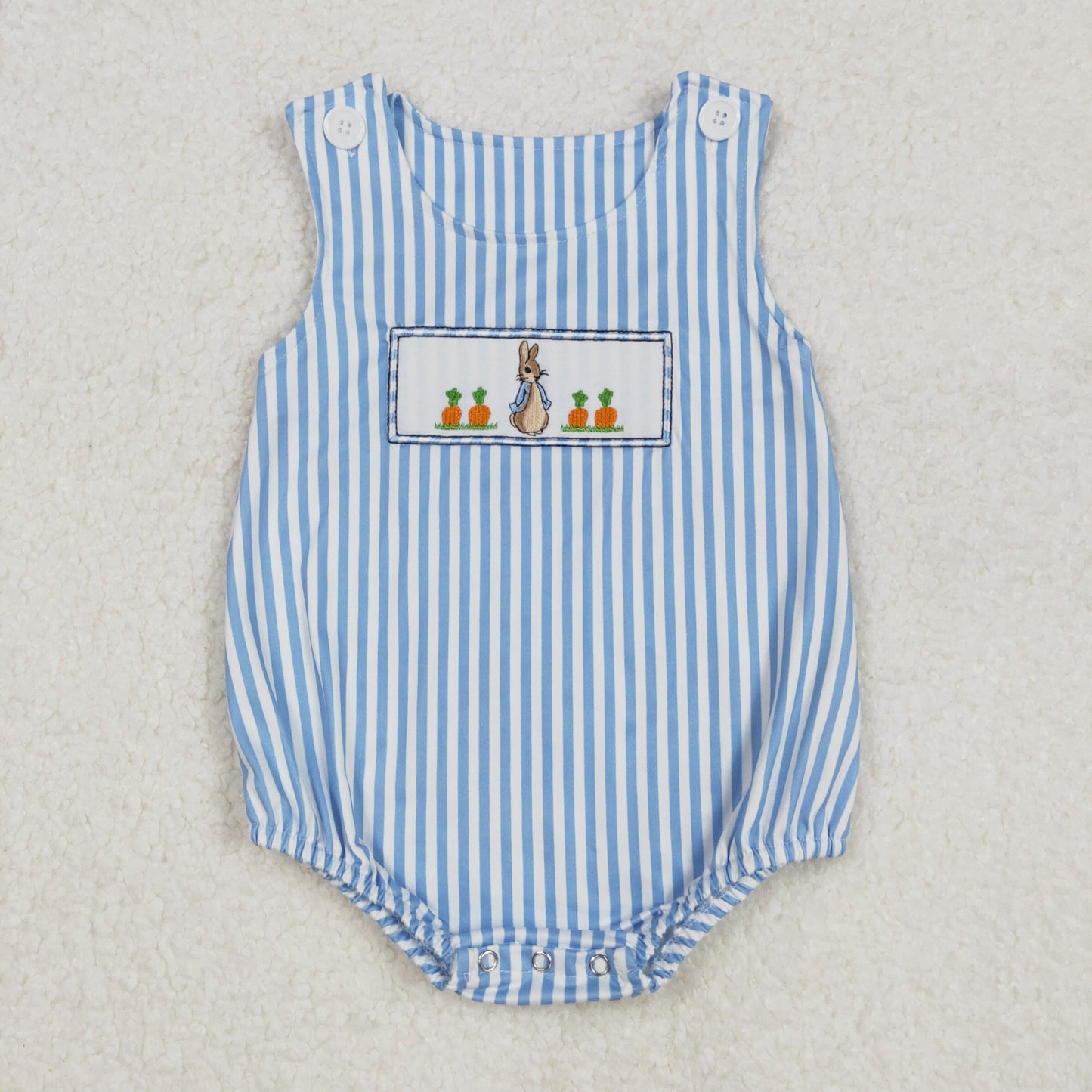 SR2145 Embroidered Easter Bunny Blue Button Striped sleeveless romper Girls Boutique outfit 202502 RTS