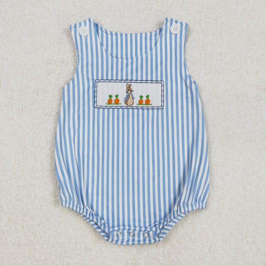 SR2145 Embroidered Easter Bunny Blue Button Striped sleeveless romper Girls Boutique  outfit 202502 RTS