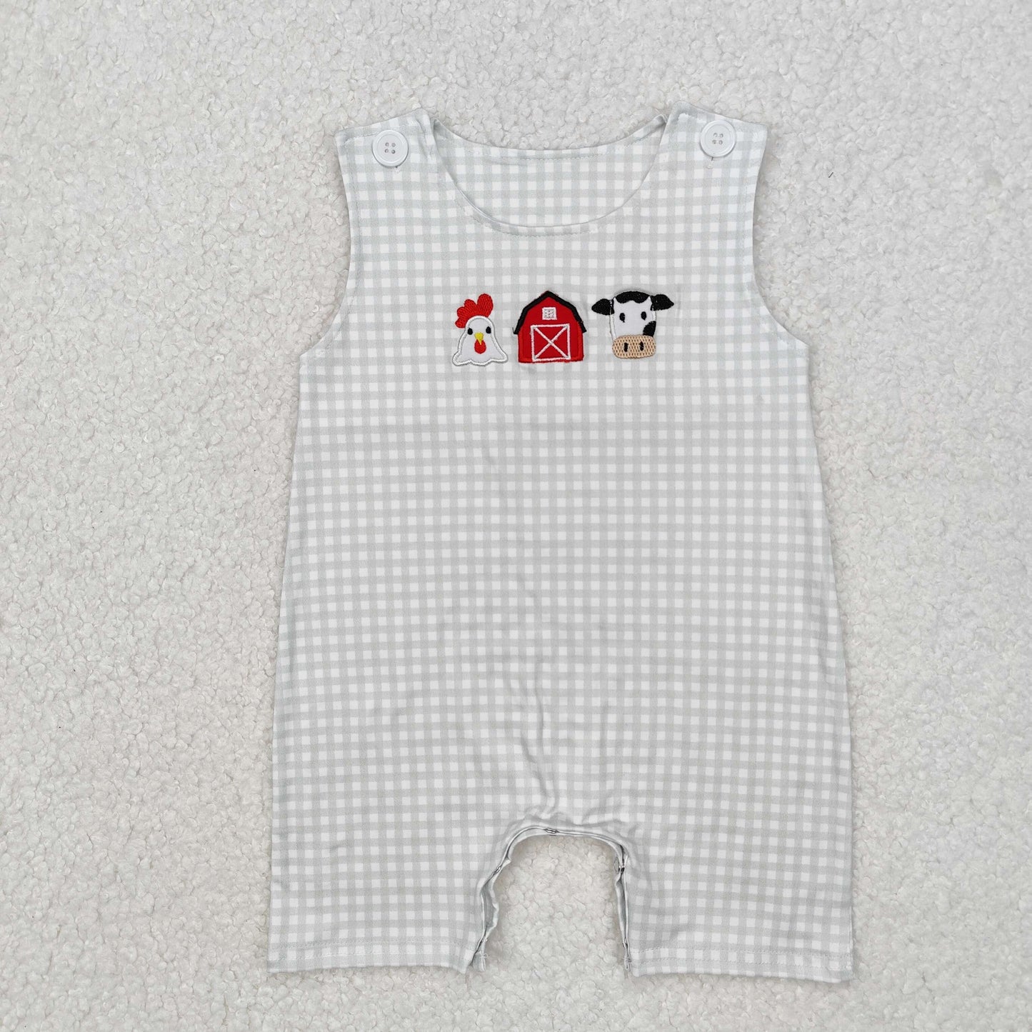 SR2183 Embroidery Cow Rooster White plaid Romper baby outfit RTS202412