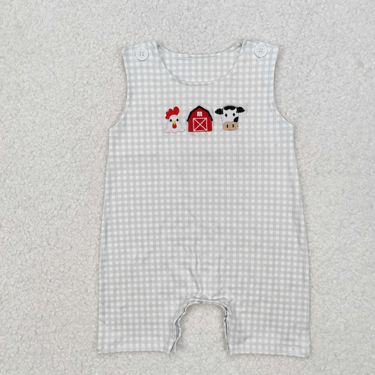 SR2183 Embroidery Cow Rooster White plaid Romper baby outfit RTS202412