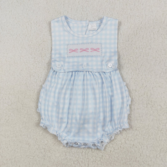 SR2203 Embroidery Pink Bow Blue Plaid Sleeveless Romper Baby Girl boutique Outfit RTS 202501