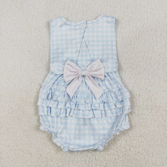 SR2203 Embroidery Pink Bow Blue Plaid Sleeveless Romper Baby Girl boutique Outfit RTS 202501