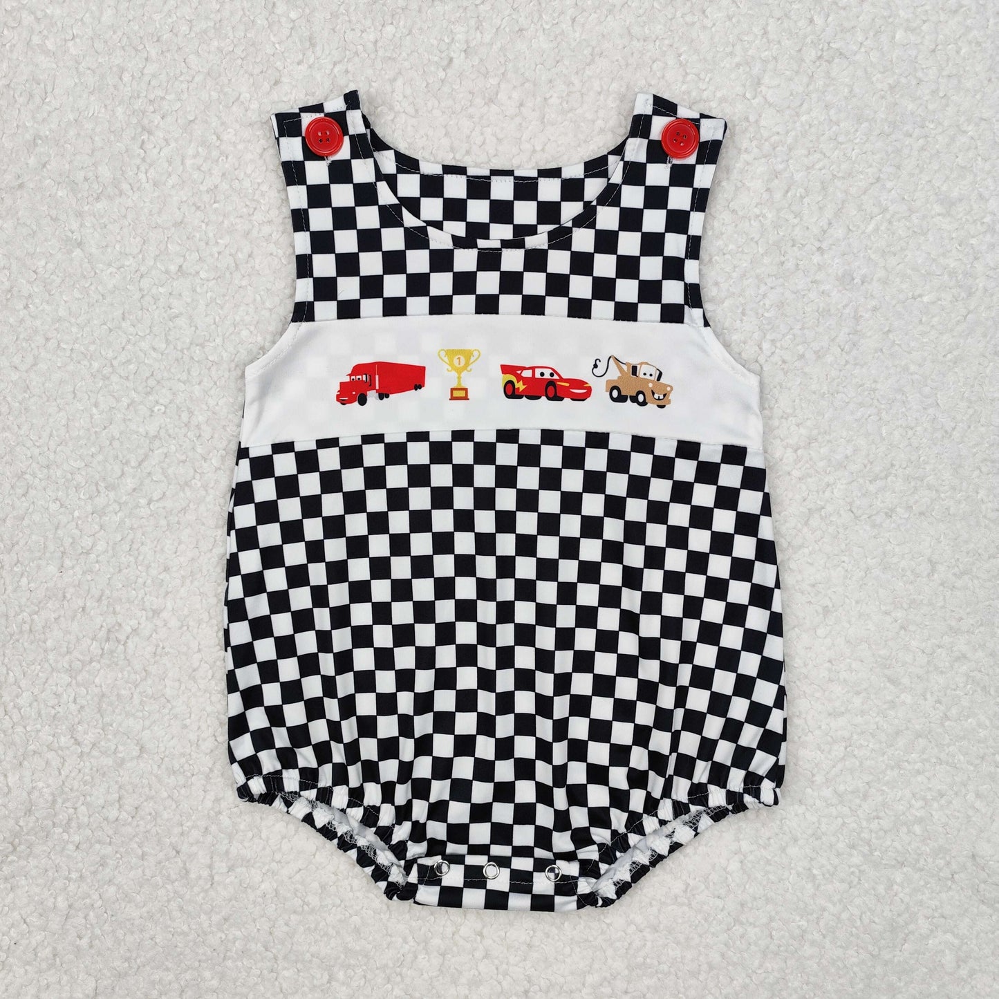SR2207 Black check car cartoon pattern romper with red button sleeveless girls boutique outfit RTS202412