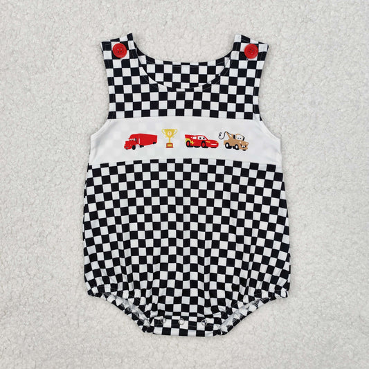 SR2207 Black check car cartoon pattern romper with red button sleeveless girls boutique outfit RTS202412