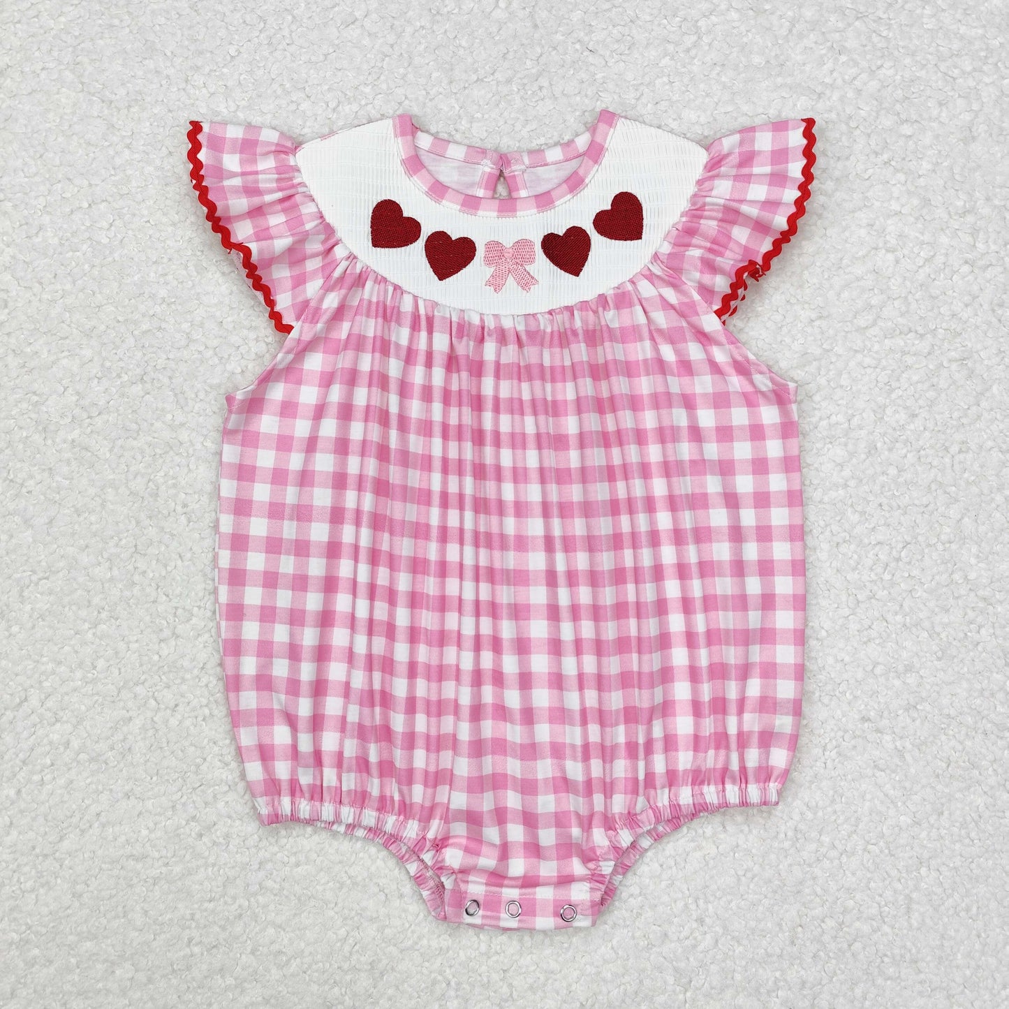 SR2214 Pink check love Embroidery Girls Short Sleeve Romper Valentine's Day outfits