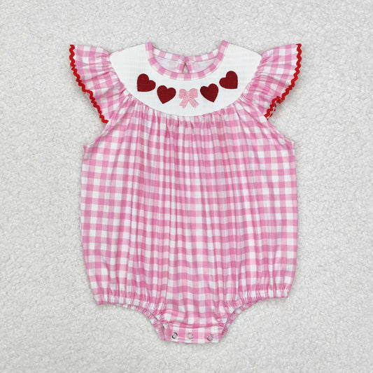 SR2214 Pink check love Embroidery Girls Short Sleeve Romper Valentine's Day outfits