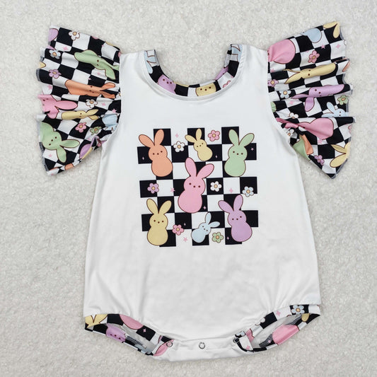 SR2227 Easter bunny clothes White Black checkerboard  Romper short sleeve girl boutique romper  RTS 202501
