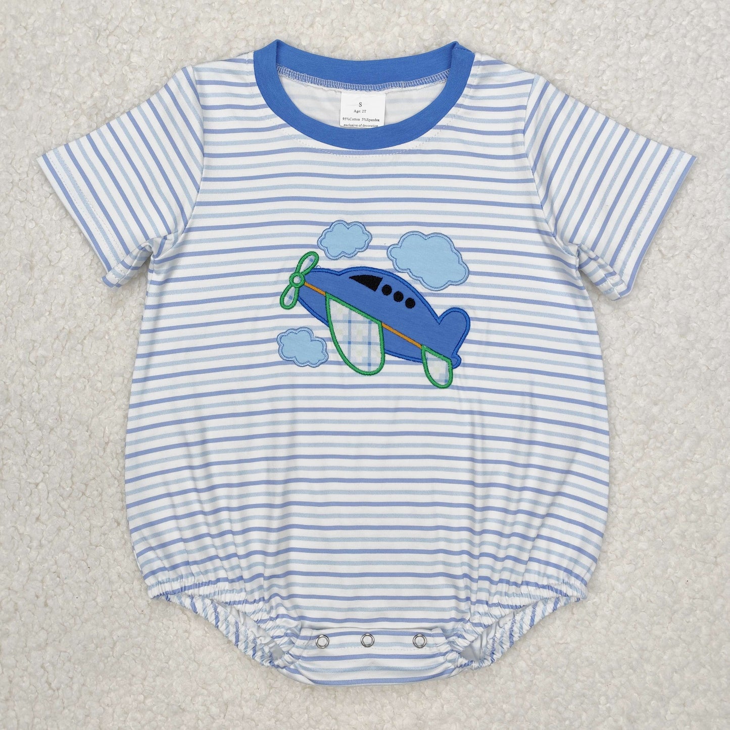 SR2244 Embroidered airplane White cloud Blue Striped Short Sleeve Romper Boys Boutique outfit 202503