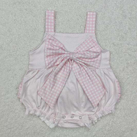 SR2280 Light Pink Plaid Bow Ruffle Sleeveless Romper baby girls boutique nightwear outfit baby summer clothes RTS 202501