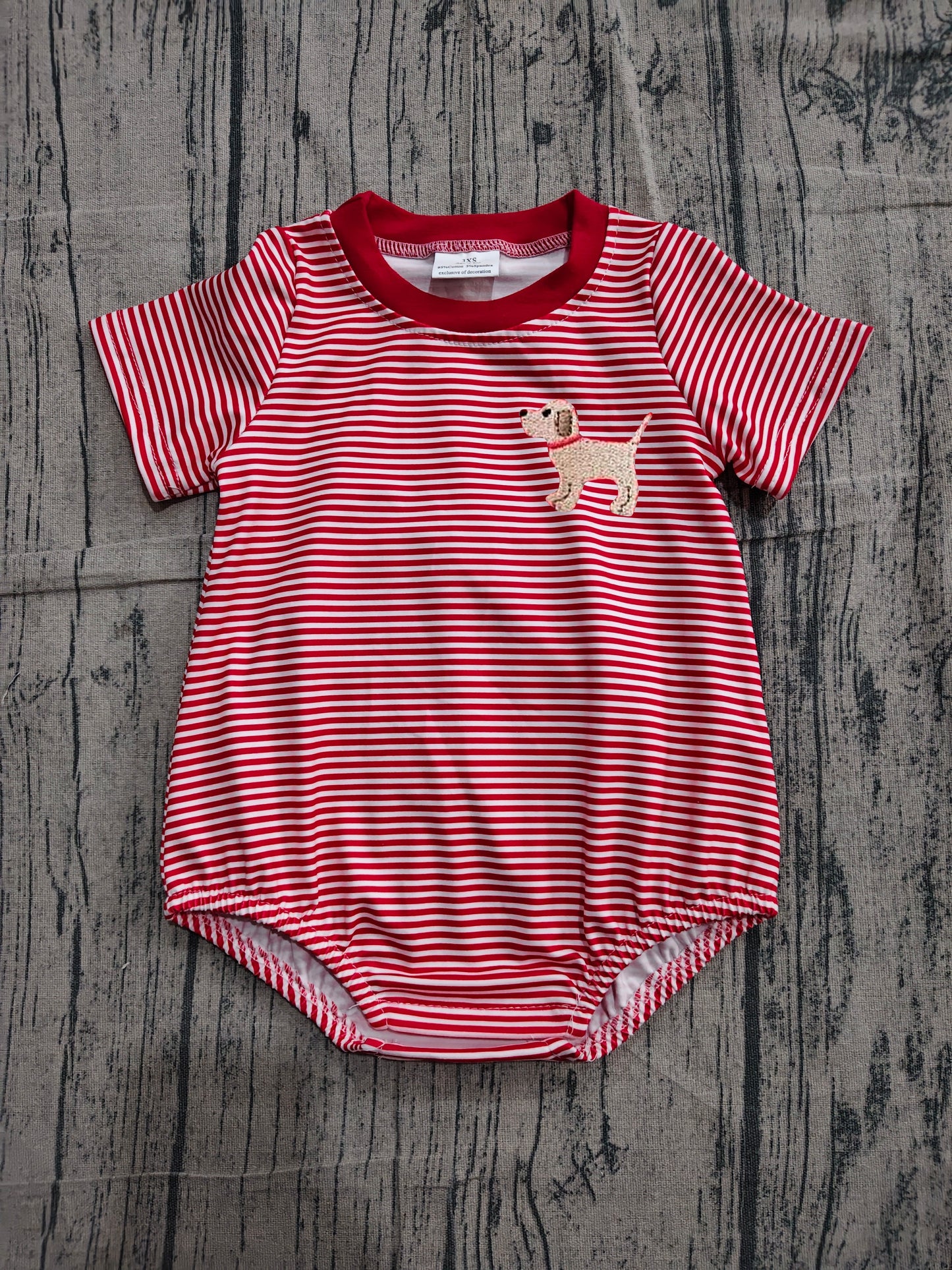 NO MOQ preorder SR2286 Embroidered Puppy Red Stripe Short-Sleeved Boys Bubble Romper 202604