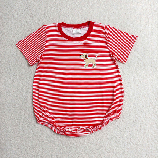 SR2286 Embroidered Puppy Red Stripe Short-Sleeved Boys Bubble Romper 202606 RTS