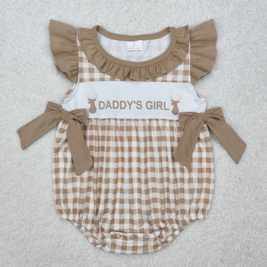 SR2300 Brown Plaid DADDY'S GIRL Ruffled Bow Sleeveless Romper boutique Outfit RTS 202501