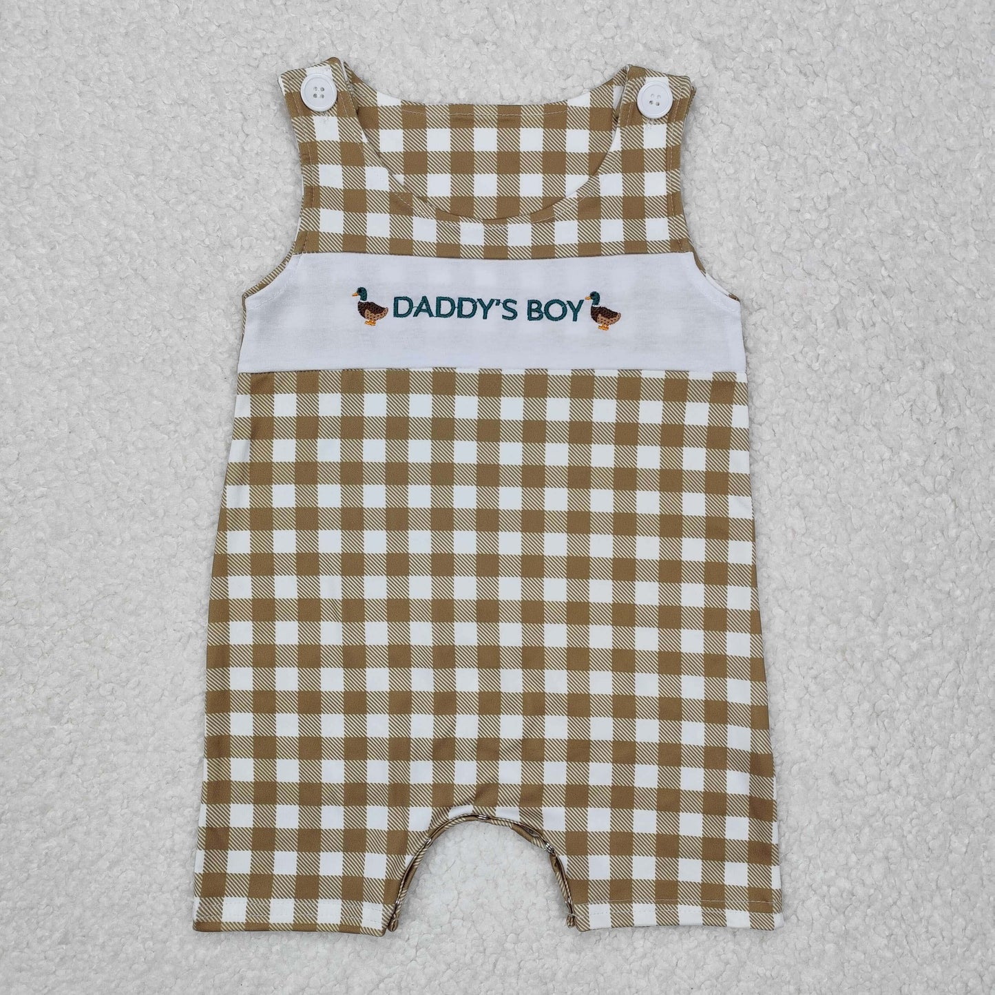 SR2303 Brown check Sleeveless Romper with embroidered ducks Mardi Gras outfit RTS 202412